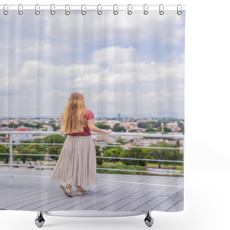 Personality  Female Tourist In Front Of The Panoramic View Of Puebla City, Mexico. Travel, Cultural Exploration, And Scenic Landscape Concept. Shower Curtains