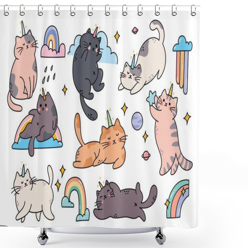 Personality  Hand Drawn Cute Cartoon Cat Unicorn Doodle Shower Curtains