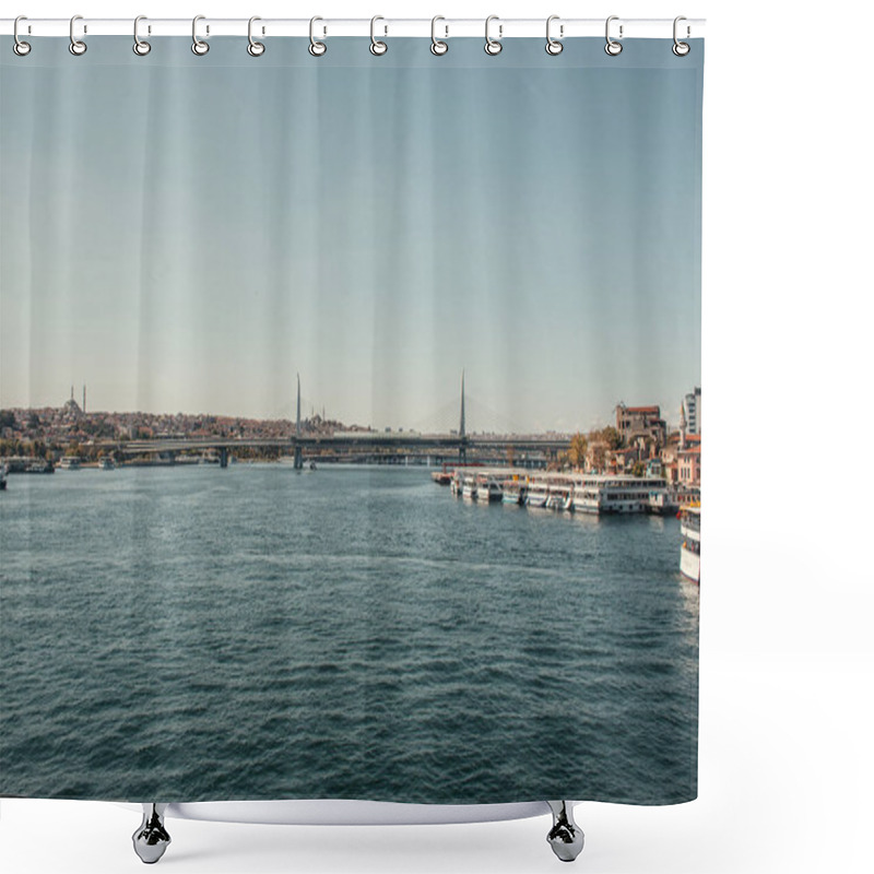 Personality  Bridge Over Bosphorus Strait, And Moored Ships In Istanbul, Turkey Shower Curtains