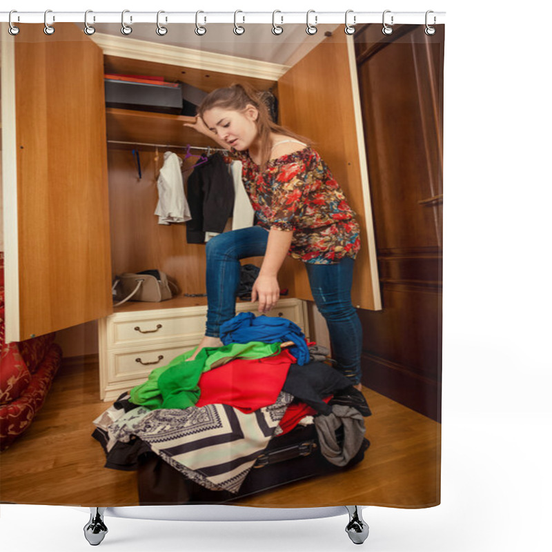 Personality  Brunette Woman Packing Clothes In Big Suitcase Shower Curtains