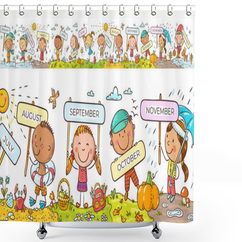 Personality  Children With Months Signs And Changing Weather And Seasons, A Long Horizontal Border Or Frame Shower Curtains