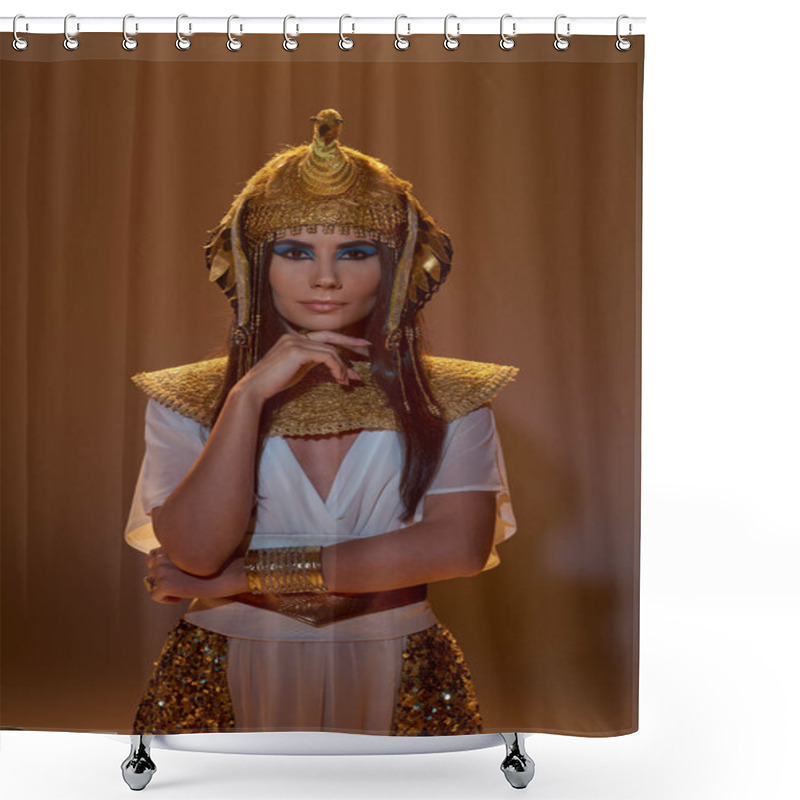 Personality  Stylish Brunette Woman With Makeup And Egyptian Attire Looking At Camera On Brown Background Shower Curtains