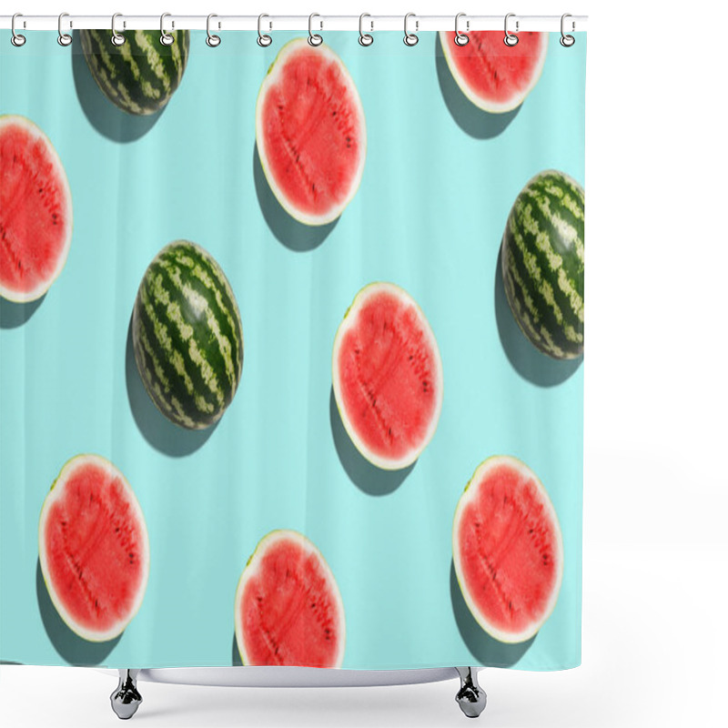 Personality  Pattern With Ripe Watermelon On Blue Background. Pop Art Design, Creative Summer Concept Shower Curtains