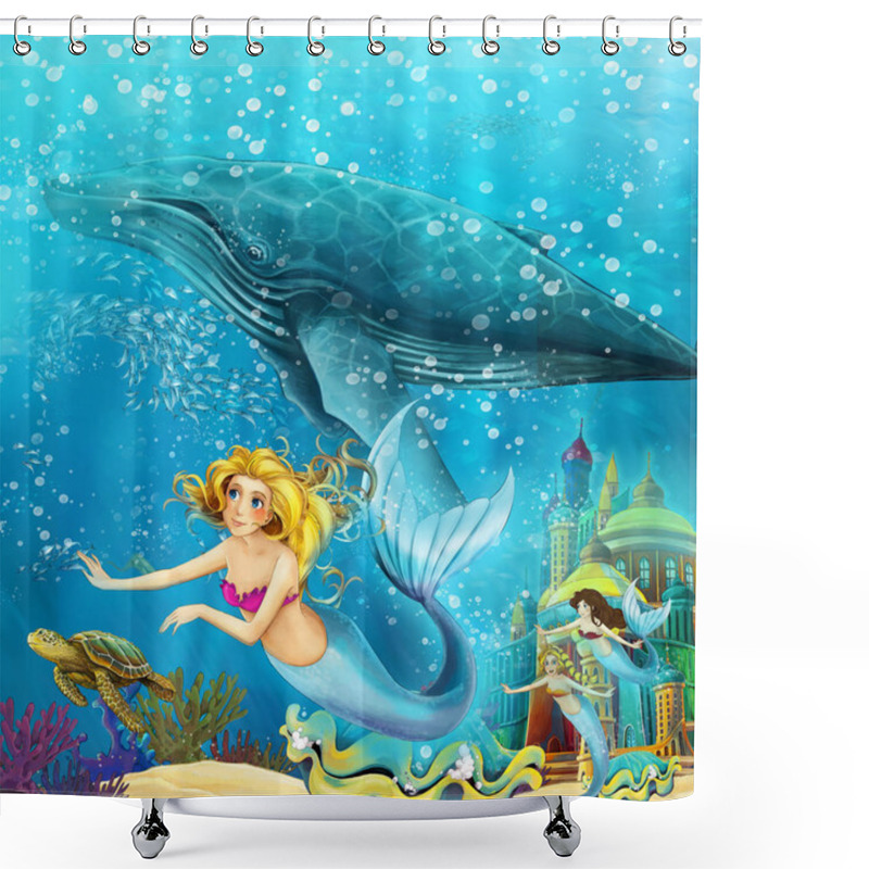 Personality  Cartoon Ocean And The Mermaid In Underwater Kingdom Swimming With Whales - Illustration For Children Shower Curtains