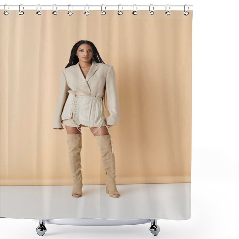 Personality  A Young Woman In A Beige Blazer And Skirt Poses Confidently Against A Pale Background, Her Long Braids Cascading Down Her Back. Shower Curtains