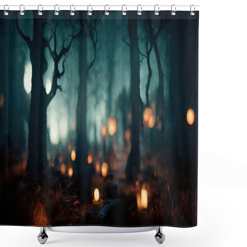 Personality  Realistic Haunted Forest Creepy Landscape At Night. Fantasy Halloween Forest Background. Surreal Mysterious Atmospheric Woods Design Backdrop. Digital Art. Shower Curtains