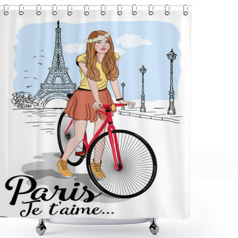 Personality  Poster With Girl On Bike And Eiffel Tower Shower Curtains