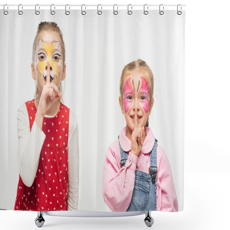 Personality  Adorable Friends With Cat Muzzle And Butterfly Paintings On Faces Showing Hush Sign Isolated On White Shower Curtains