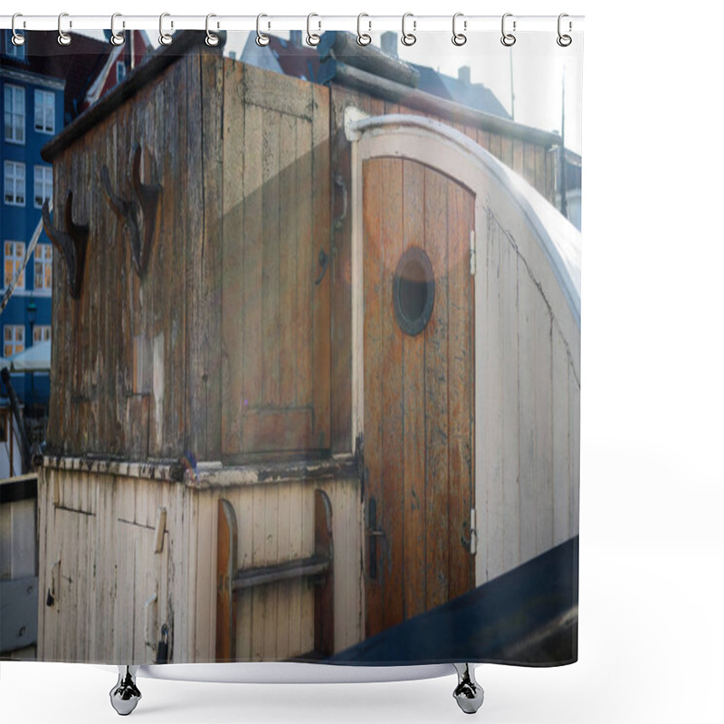 Personality  COPENHAGEN, DENMARK - 06 MAY, 2018: Wooden Detail Of Boat At Nyhavn Pier In Copenhagen, Denmark Shower Curtains