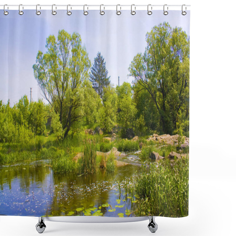 Personality  Scenic View Of Beautiful Calm Lake With Green Trees On Bank Shower Curtains