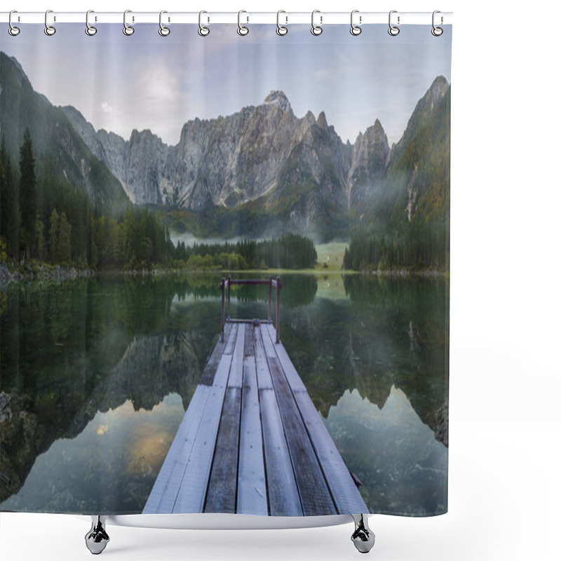 Personality  Wooden Bridge Over A Mountain Lake Shower Curtains