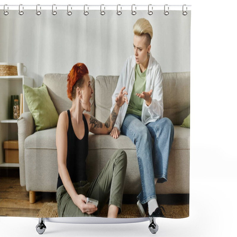 Personality  Two Women With Short Hair Sit On A Couch, Engrossed In Emotional Conversation Shower Curtains