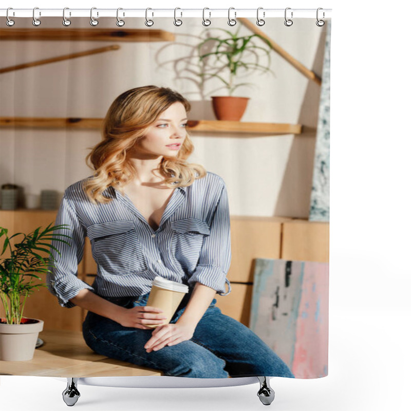 Personality  Young Attractive Female Artist With Paper Cup Of Coffee Sitting On Table In Studio  Shower Curtains