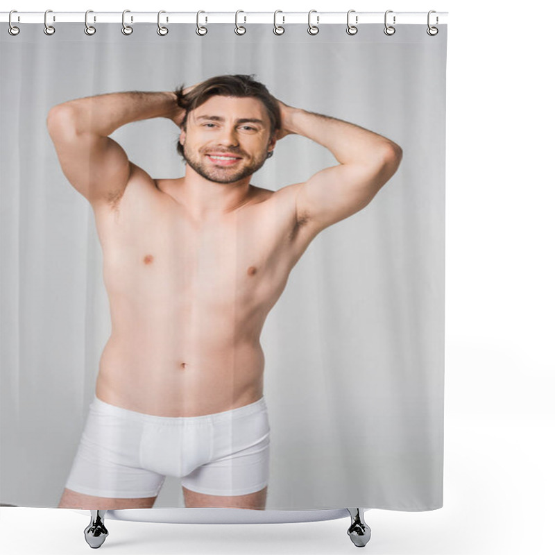 Personality  Portrait Of Smiling Man In White Underwear Looking At Camera Isolated On Grey Shower Curtains