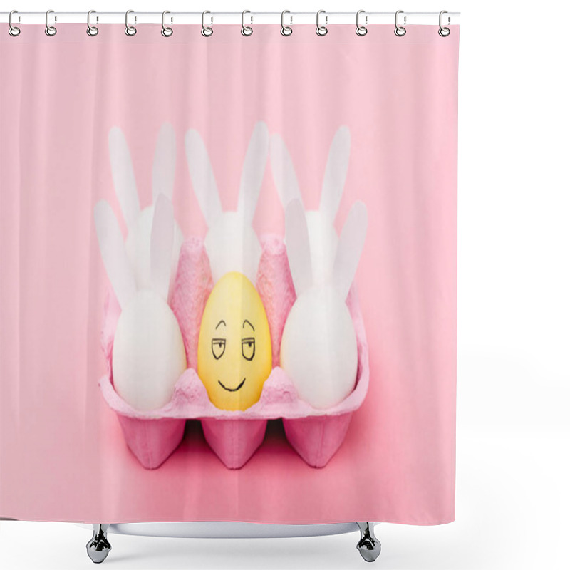 Personality  Decorative Rabbits And Yellow Egg With Smiling Facial Expression On Pink, Easter Concept Shower Curtains