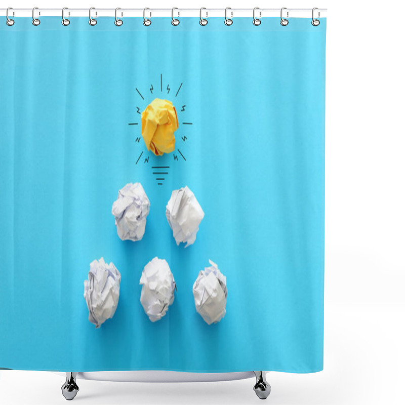 Personality  Education Concept Image. Creative Idea And Innovation. Crumpled Paper As Light Bulb Metaphor Over Blue Background Shower Curtains