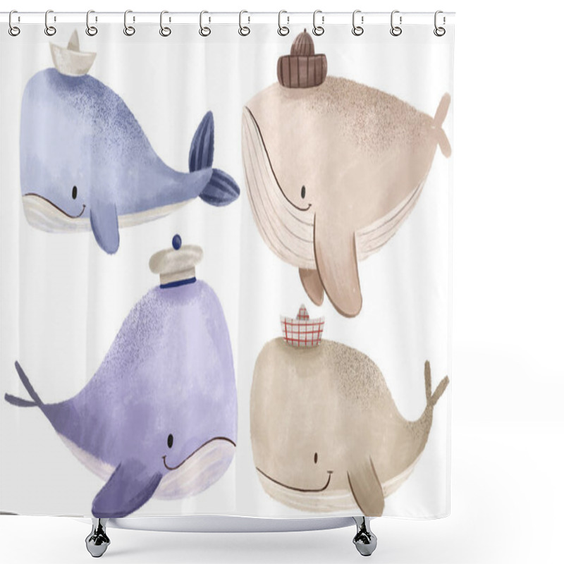 Personality  Set Of Cartoon Whales. Fishes And The Underwater World. Cartoon Whale Sailor. Cute Hand Drawn Children's Illustration On Isolated Background. Kids Nautical Backgroun Shower Curtains