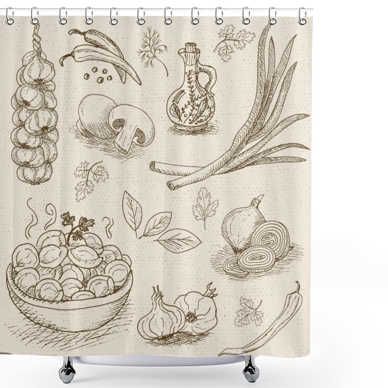 Personality  Set Of Chalk Drawn On A Blackboard Food, Spices. Shower Curtains