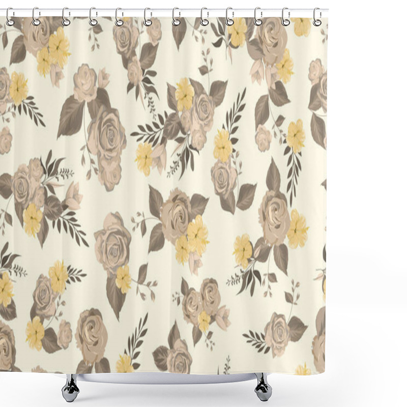 Personality  Full Seamless Lilium Rose Floral Pattern Background For Fabric Print. Brown Flower Leaves Illustration. Vector Design For Women Dress And Textile. Shower Curtains