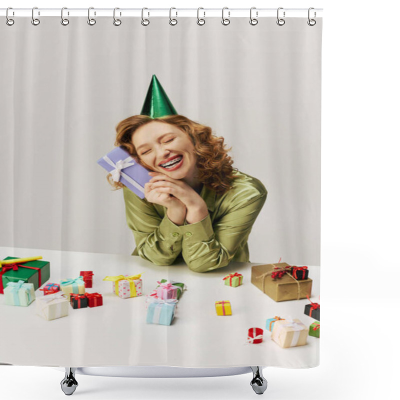 Personality  The Young Woman Enjoys Posing While Surrounded By Various Presents. Shower Curtains