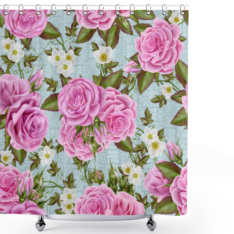 Personality  Floral Pattern, Seamless, Flowers Roses Pink, White Flowers Anemones Shower Curtains