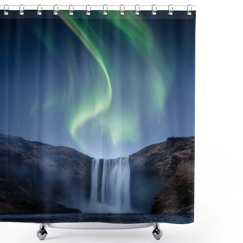 Personality  A Beautiful Auora Borealis Aka Northern Lights Over Skogafoss Waterfall In Iceland Shower Curtains