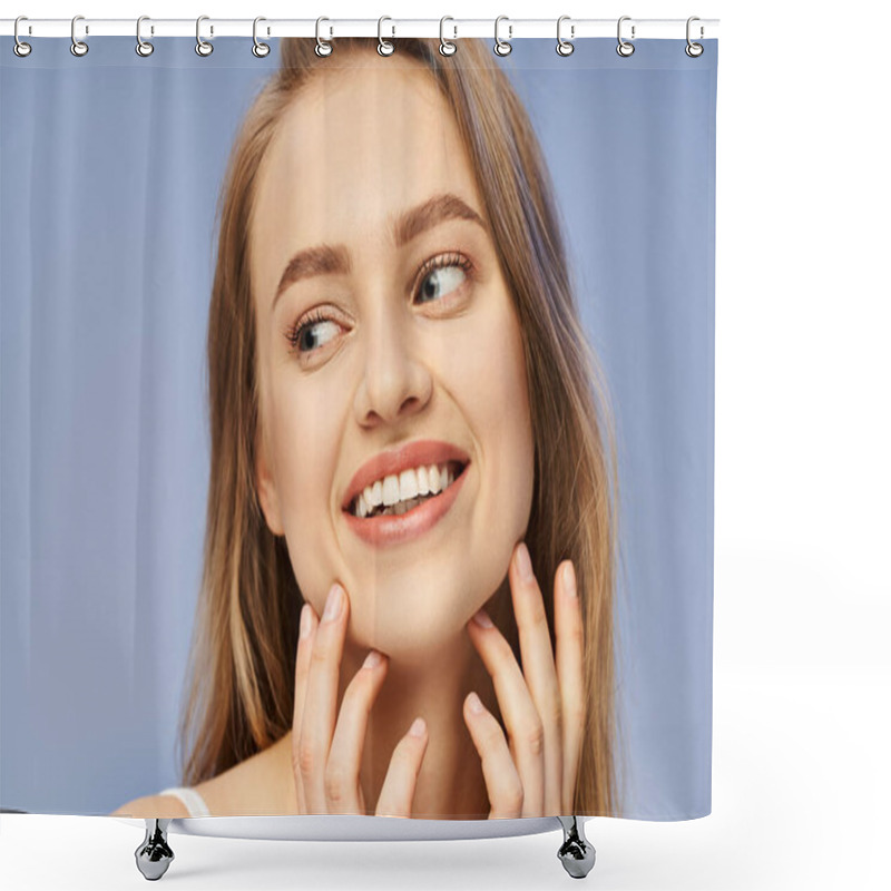 Personality  A Young, Blonde Woman Throws Her Head Back, Beaming Joyfully, Hands Cupping Her Face In A Studio Setting. Shower Curtains