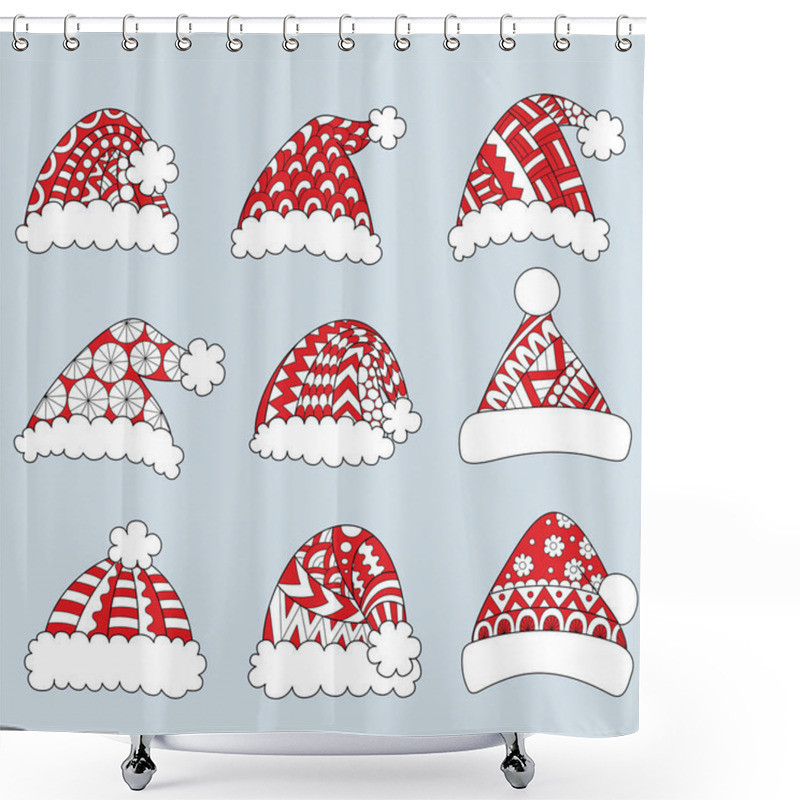 Personality  Set Of Red Santa Hats Isolated On White Background For Design Element And Coloring Book Page. Vector Illustration Shower Curtains