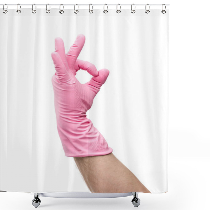 Personality  Cropped View Of Man In Rubber Glove Showing Ok Gesture Isolated On White  Shower Curtains