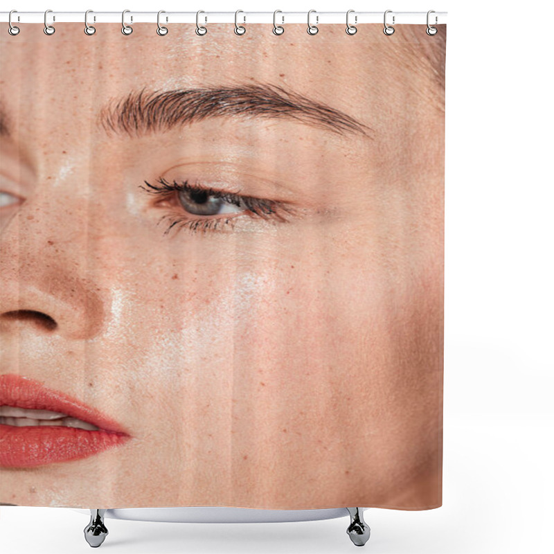 Personality  Close Up Of Young Woman With Coral Lips And Wet Skin Shower Curtains