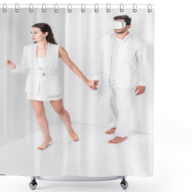 Personality  Barefoot Woman Walking With Man In Virtual Reality Headset Shower Curtains