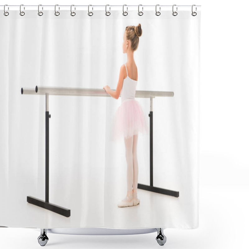 Personality  Rear View Of Little Ballerina In Tutu And Pointe Shoes Practicing At Ballet Barre Stand Isolated On White Background  Shower Curtains