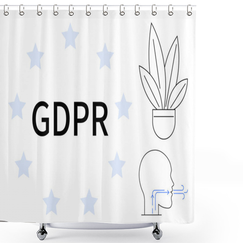 Personality  GDPR Text Encircled By Stars, Potted Plant On Top Right, Head Profile With Airflow Arrows On Bottom Right. Ideal For Data Privacy, Compliance, Regulation, Cyber Security, Communication, Information Shower Curtains