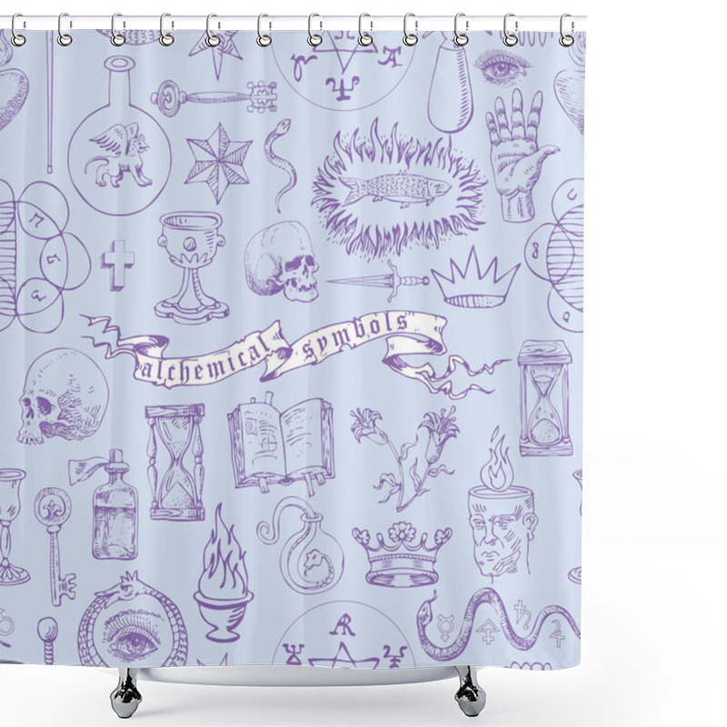 Personality  Vector Image Of A Seamless Texture In The Form Of An Alchemical Formula With Encrypted Symbols In The Style Of Medieval Old Manuscripts Graphic Shower Curtains