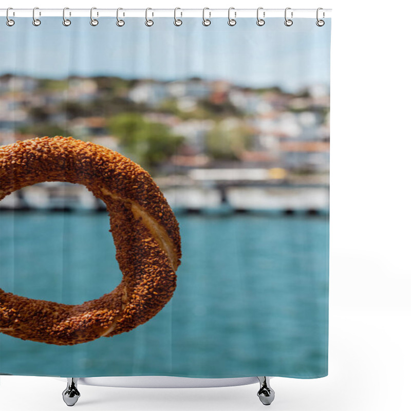 Personality  Close Up Of Tasty Turkish Sesame Bagel Near Sea In Istanbul  Shower Curtains