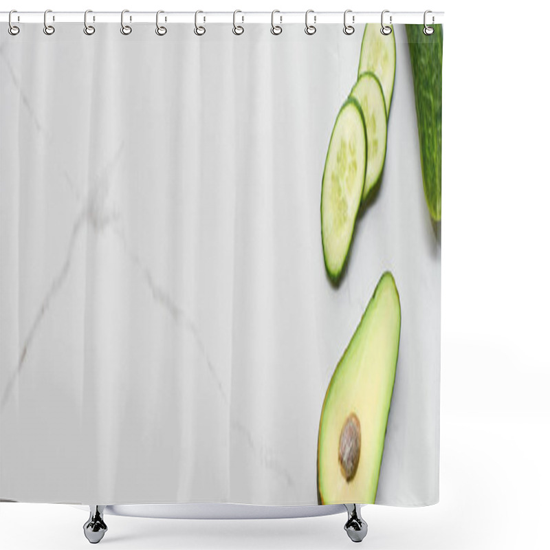 Personality  Panoramic Shot Of Half Of Avocado And Cucumber Slices On Marble Surface Shower Curtains