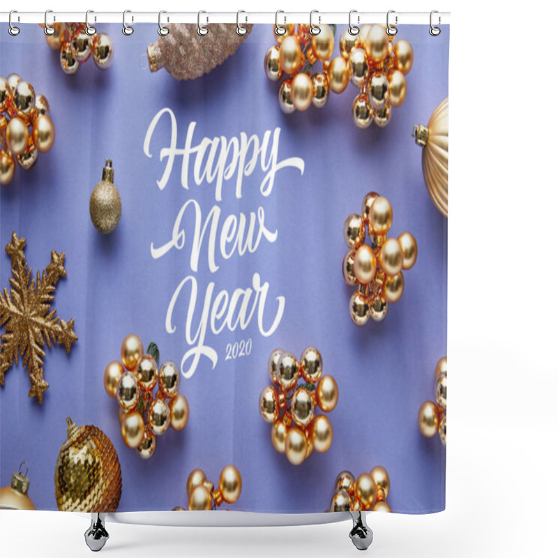 Personality  Top View Of Shiny Golden Christmas Decoration On Blue Background With Happy New Year Lettering Shower Curtains