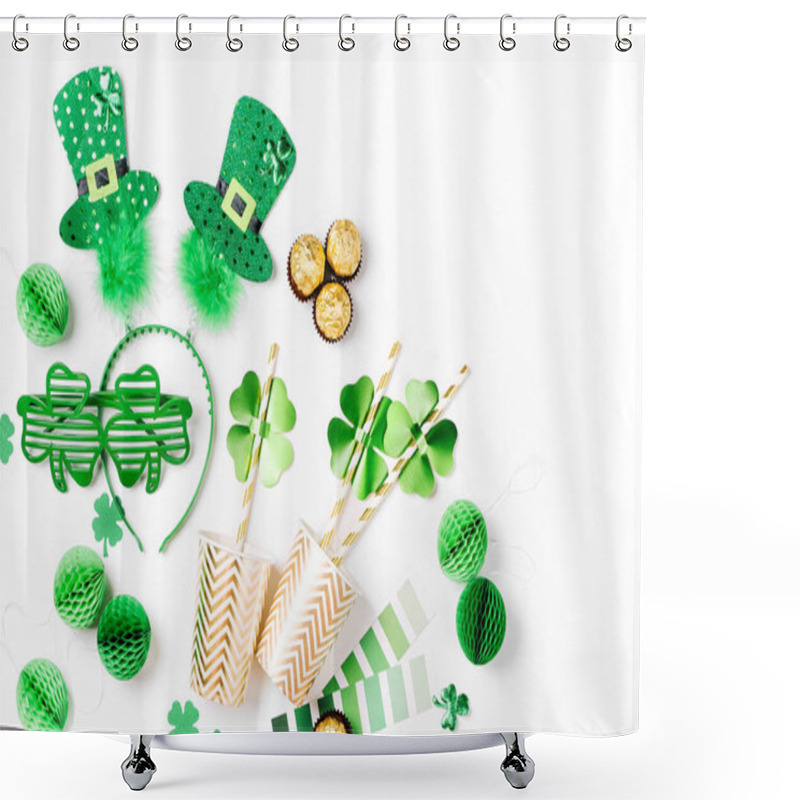 Personality  Decorations And Props For St.Patrick 's Day Party. Green And Gold Paper Decorations, Hat, Balloons, Confetti, Candy And Lucky Symbols On White Background. Festive Concept. Flat Lay, Top View. Shower Curtains