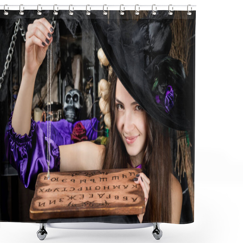 Personality  Horizontal Portrait Of A Young Cute Fortune-teller In A Black Ha Shower Curtains