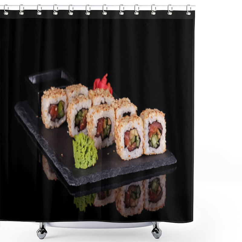 Personality  Original Japanese Dish Rolls With Seafood, Ginger And Wasabi Isolated On Black Background Shower Curtains