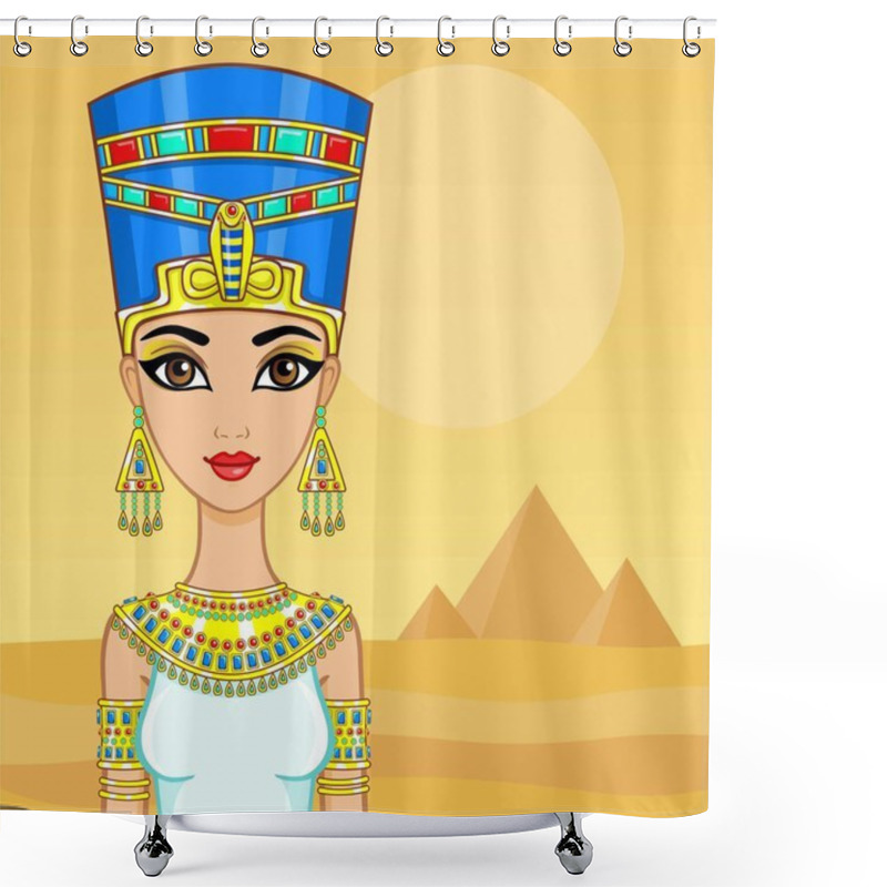 Personality  Animation Portrait Of The Egyptian Queen. A Background - A Landscape The Desert, Pyramids. The Place For The Text. Shower Curtains