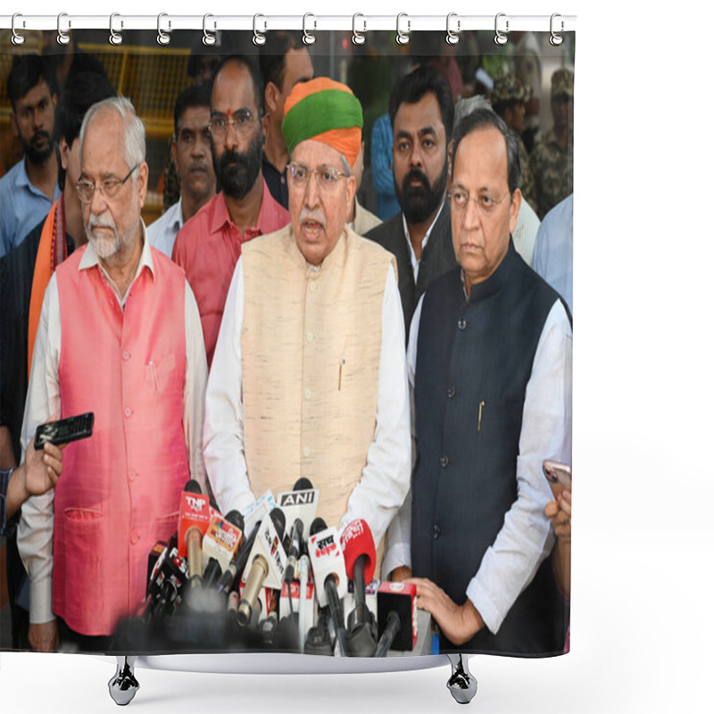 Personality  NEW DELHI INDIA NOVEMBER 11 2024 BJP Delegation Comprising Arjun Ram Meghwal Arun Singh Om Pathak Sanjay Mayukh And Shehzad Poonawalla Leaves After Meeting With Election Commission Of India ECI At Nirvachan Sadan On November 11 2024 In New Delhi Indi Shower Curtains