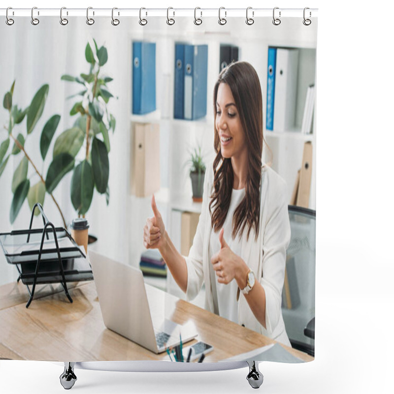 Personality  Businesswoman Sitting At Table With Laptop And Thumb Ups In Office Shower Curtains