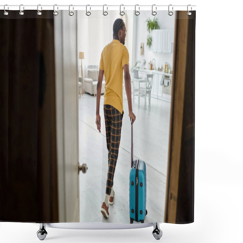 Personality  A Stylish Young Man Grabs His Suitcase, Ready To Leave His Apartment For An Adventure. Shower Curtains