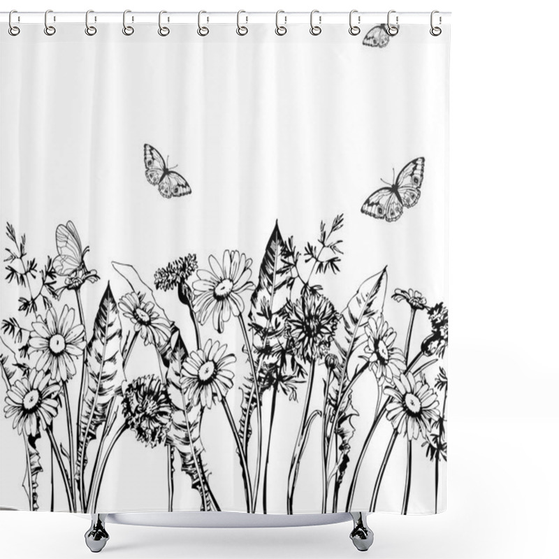 Personality  Summer Background With Blooming Wild Flowers, Daisies, Cornflowers, Grass, With Butterflies. Template Vector. Shower Curtains