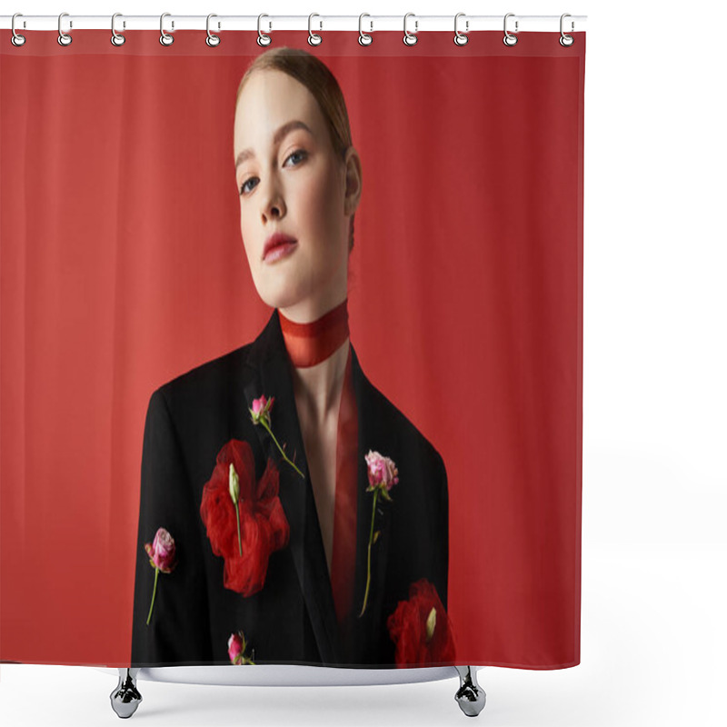 Personality  A Beautiful Woman In A Stylish Jacket Showcases Floral Accents With Confidence. Shower Curtains