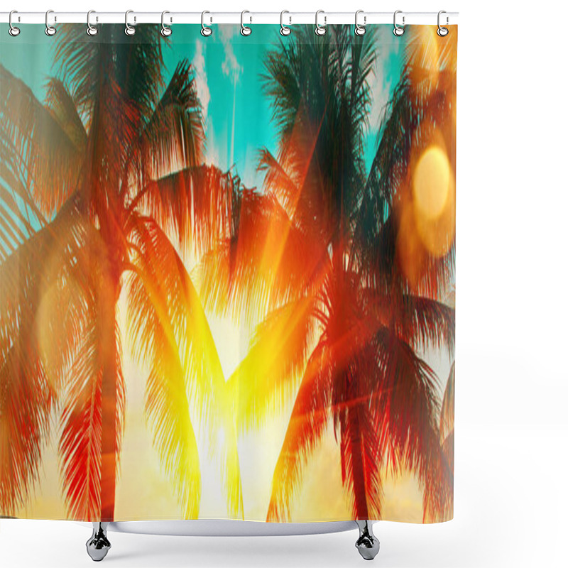 Personality  Tropical Palm Tree Over Sunset Sky. Palms And Beautiful Sky Background. Tourism, Vacation Concept Backdrop. Palms Silhouettes Over Orange Sun Shower Curtains