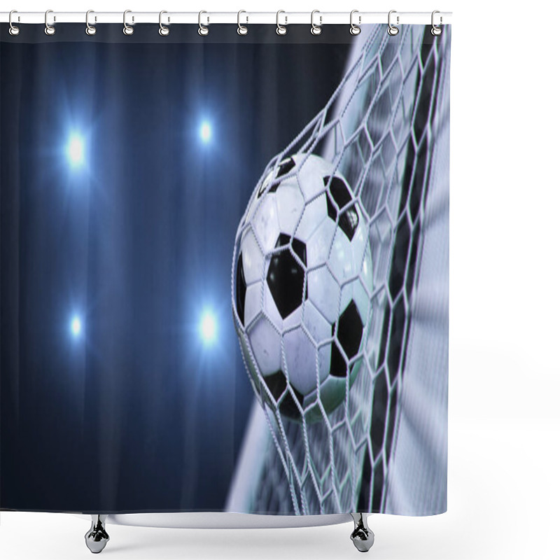 Personality  Soccer Ball Flew Into The Goal. Soccer Ball Bends The Net, Against The Background Of Flashes Of Light. Soccer Ball In Goal Net On Blue Background. A Moment Of Delight. 3D Illustration Shower Curtains