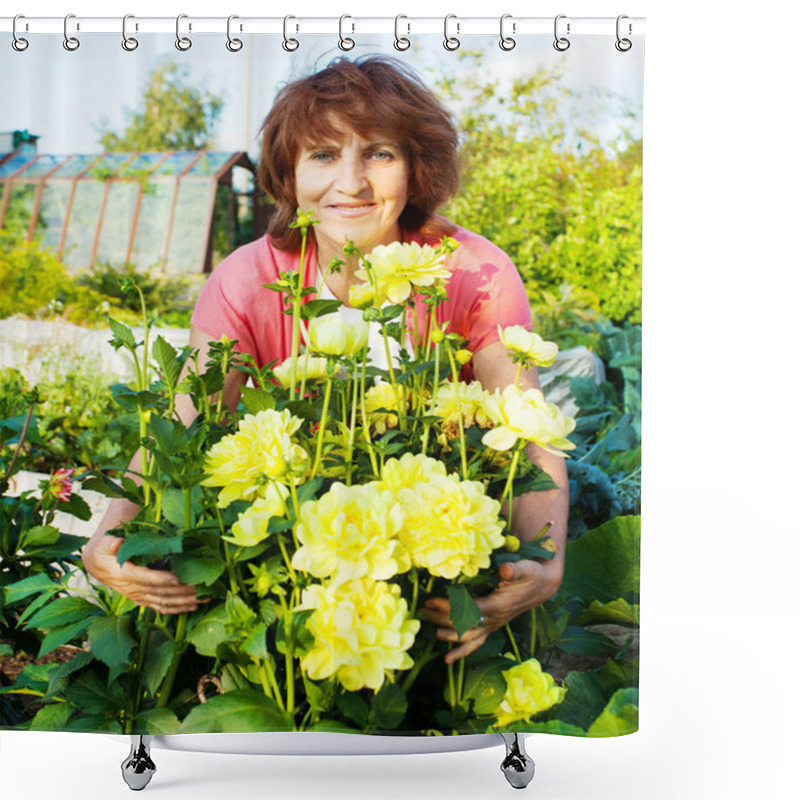 Personality  Woman In The Garden Cares For Flowers Shower Curtains