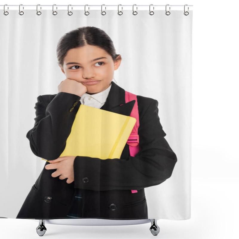 Personality  Bored Schoolgirl Standing With Notebooks Isolated On White, Back To School, Displeased Student Shower Curtains